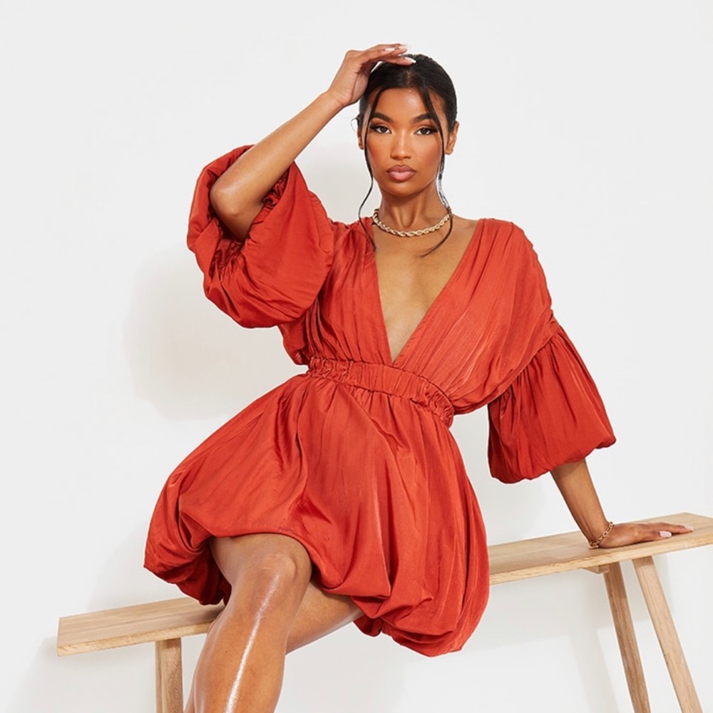 PLT Terracotta Puff Sleeve Puffball Hem Shift Dress